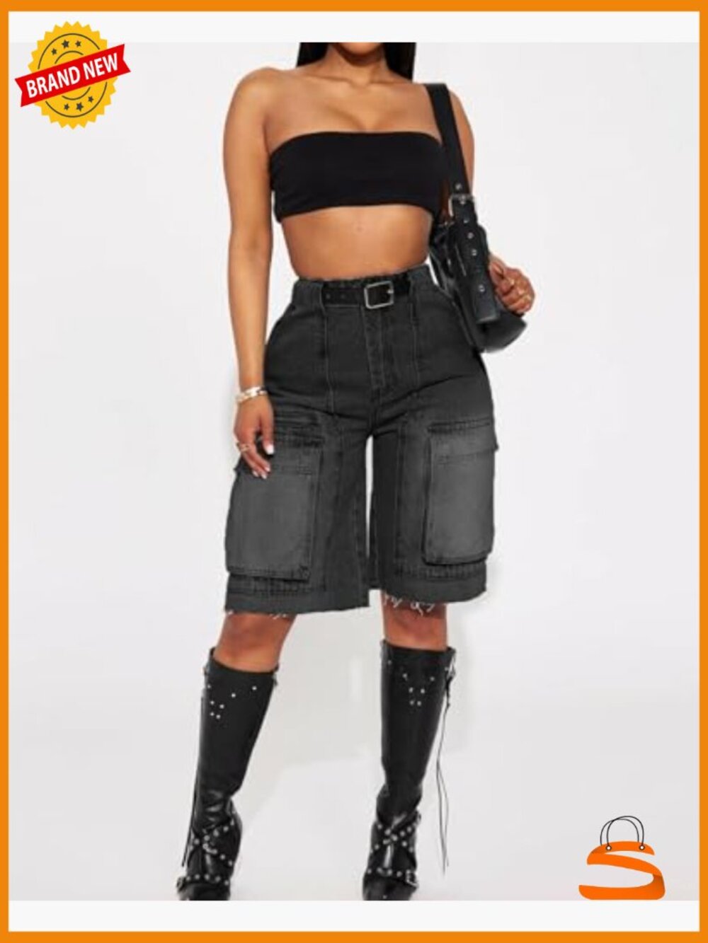 High Waist Denim Shorts Straight Leg Raw Hem with Pockets - Picture 3 of 6